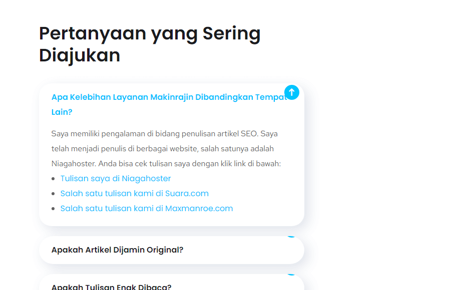 Contoh FAQ pada situs Makinrajin 