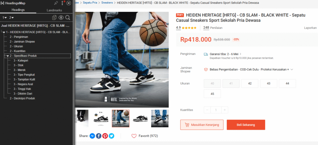 analisis heading dari halaman produk