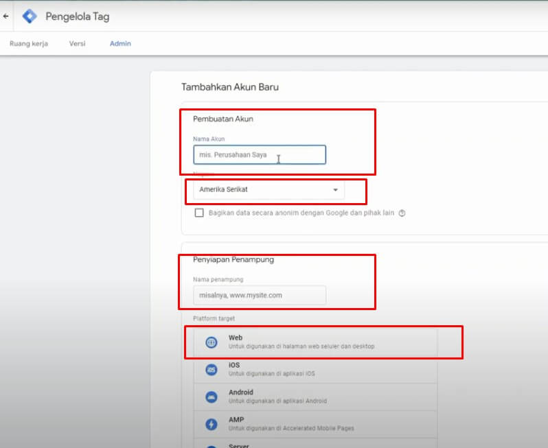 Pembuatan kontainer di GTM