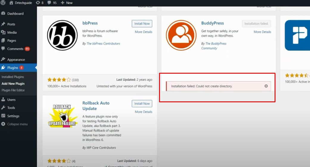 Pesan error di WordPress
