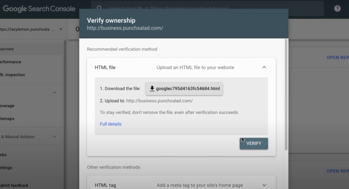 Verifikasi GSC lewat upload file HTML