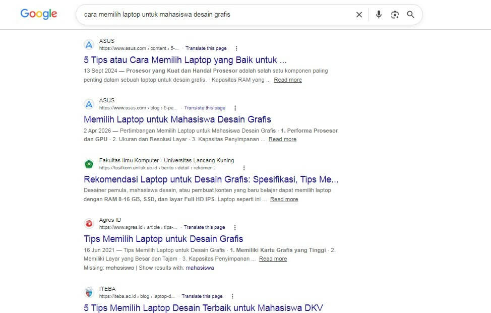 Hasil penelusuran kata kunci long-tail dengan 1 intent dominan